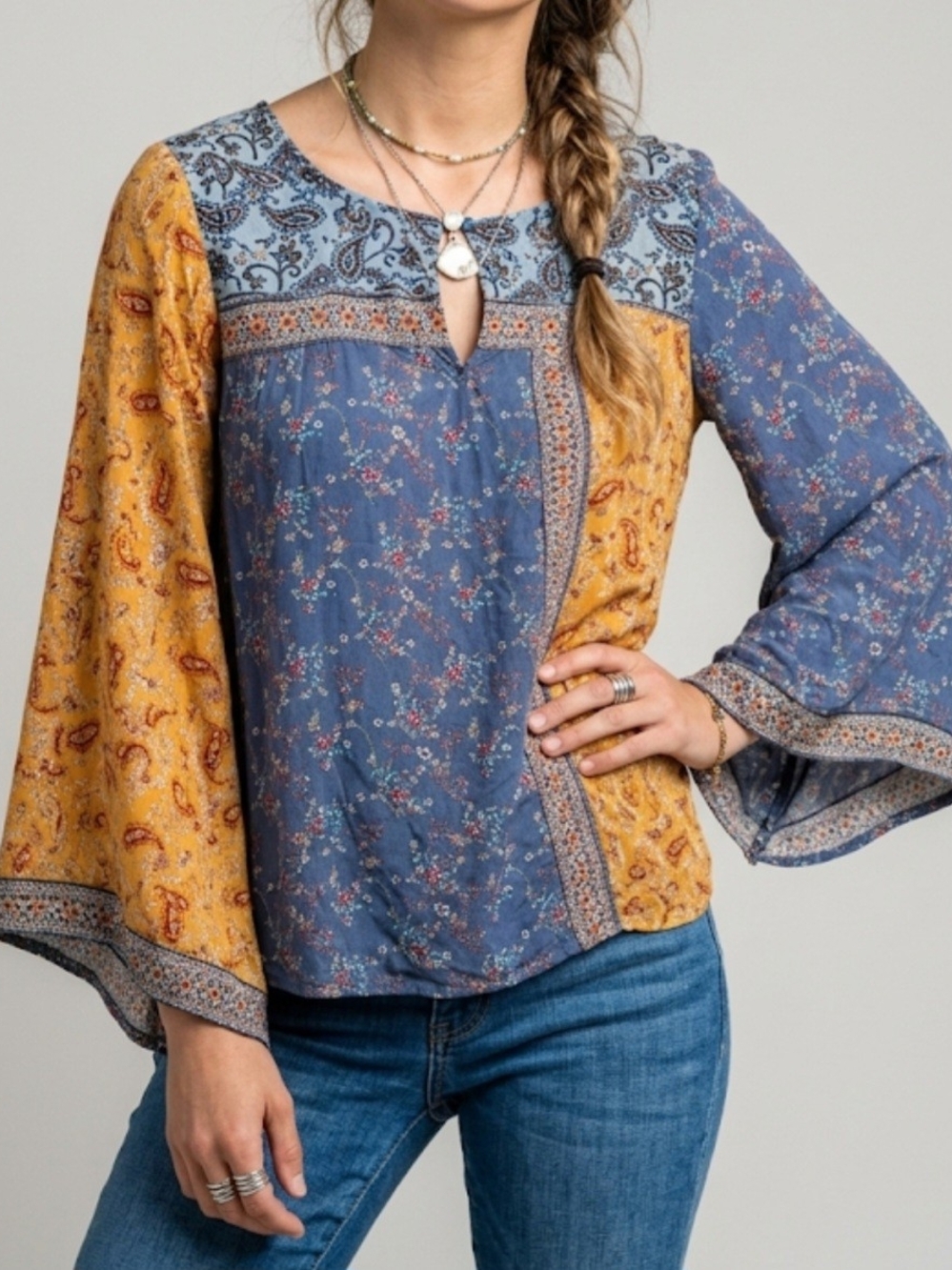 Sundance Boho Patchwork Peasant Festival Kimono Sleeve Paisley Eclectic Top